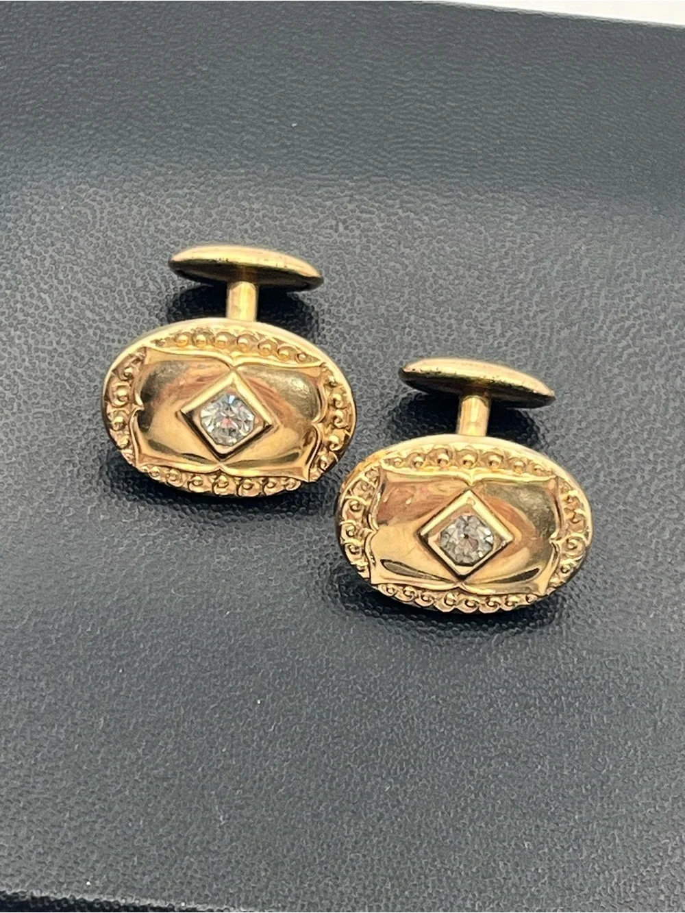 Victorian gold tone embossed design clear rhinestone vintage cufflinks